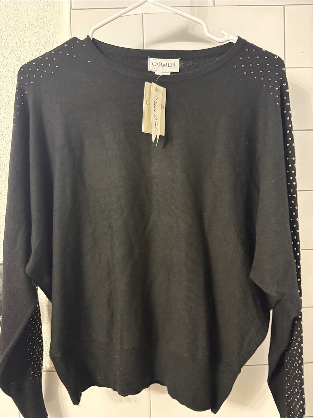 Carmen Marc Valvo Black Stud-Embellished Knit Sweater